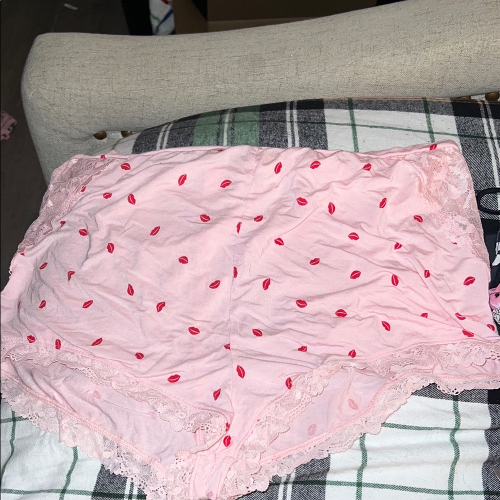 Pink Lace Trimmed Shorts with Lip Print